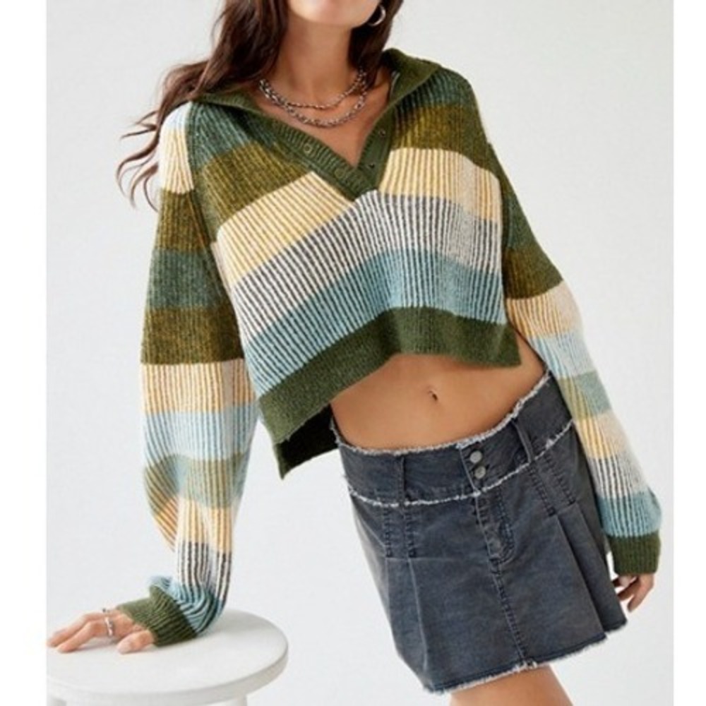 BDG Lexi Henley Sweater S Green Striped Cropped Snap Chunky Knit Traditional